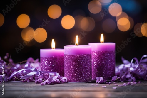 Purple Candles With Soft Blurry Lights And Glittering. AI generated