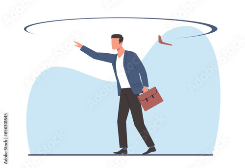 Return of bad deed, businessman gets back boomerang he set off. Consequences and Karma. Confused male character. Cause effect. Risky ventures. Cartoon flat style isolated vector concept