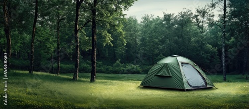 Tent on green ground with trees