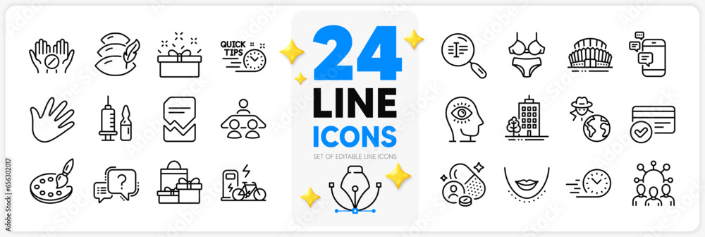 Icons set of Fraud, Shopping and Medical vaccination line icons pack for app with Interview job, Search text, Lingerie thin outline icon. Palette, Corrupted file, Medical tablet pictogram. Vector