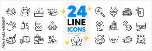 Icons set of Fraud, Shopping and Medical vaccination line icons pack for app with Interview job, Search text, Lingerie thin outline icon. Palette, Corrupted file, Medical tablet pictogram. Vector