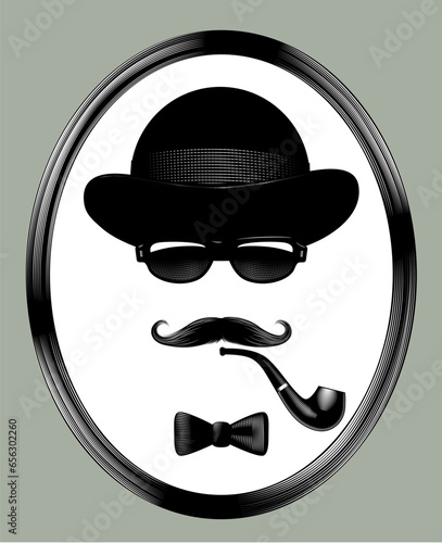 Bowler hat, black glasses, mustache, smoking pipe and bow tie as a symbol of a man's face in oval  frame. Set of men's accessories and items. 
Vintage engraving stylized drawing. Vector illustration