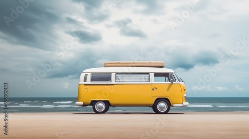 Vintage van on the beach with cloudy sky