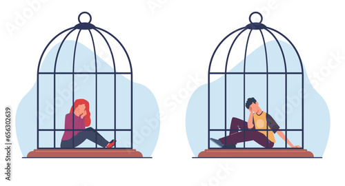 Young man and girl with depression and despair sitting in bird cage. Kidnapping and crime, male and female crying in jail. Mental problems. Cartoon flat isolated illustration. Vector concept