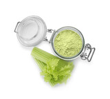Glass jar of celery powder and fresh cut stalk isolated on white, top view