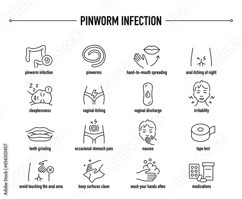 Pinworm Infection symptoms, diagnostic and treatment vector icons. Line editable medical icons.