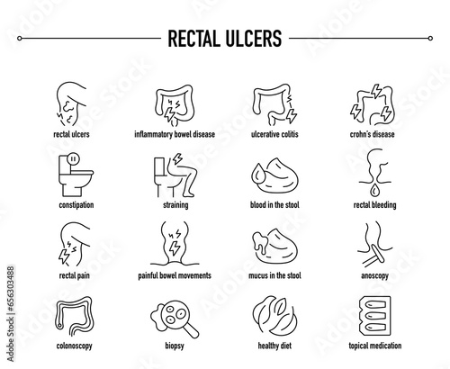 Rectal Ulcers symptoms, diagnostic and treatment vector icons. Line editable medical icons.