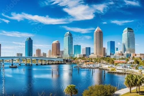 Panoramic skyline view of downtown Tampa, Florida, overlooking Hillsborough Bay and the Riverwalk. Generative AI photo