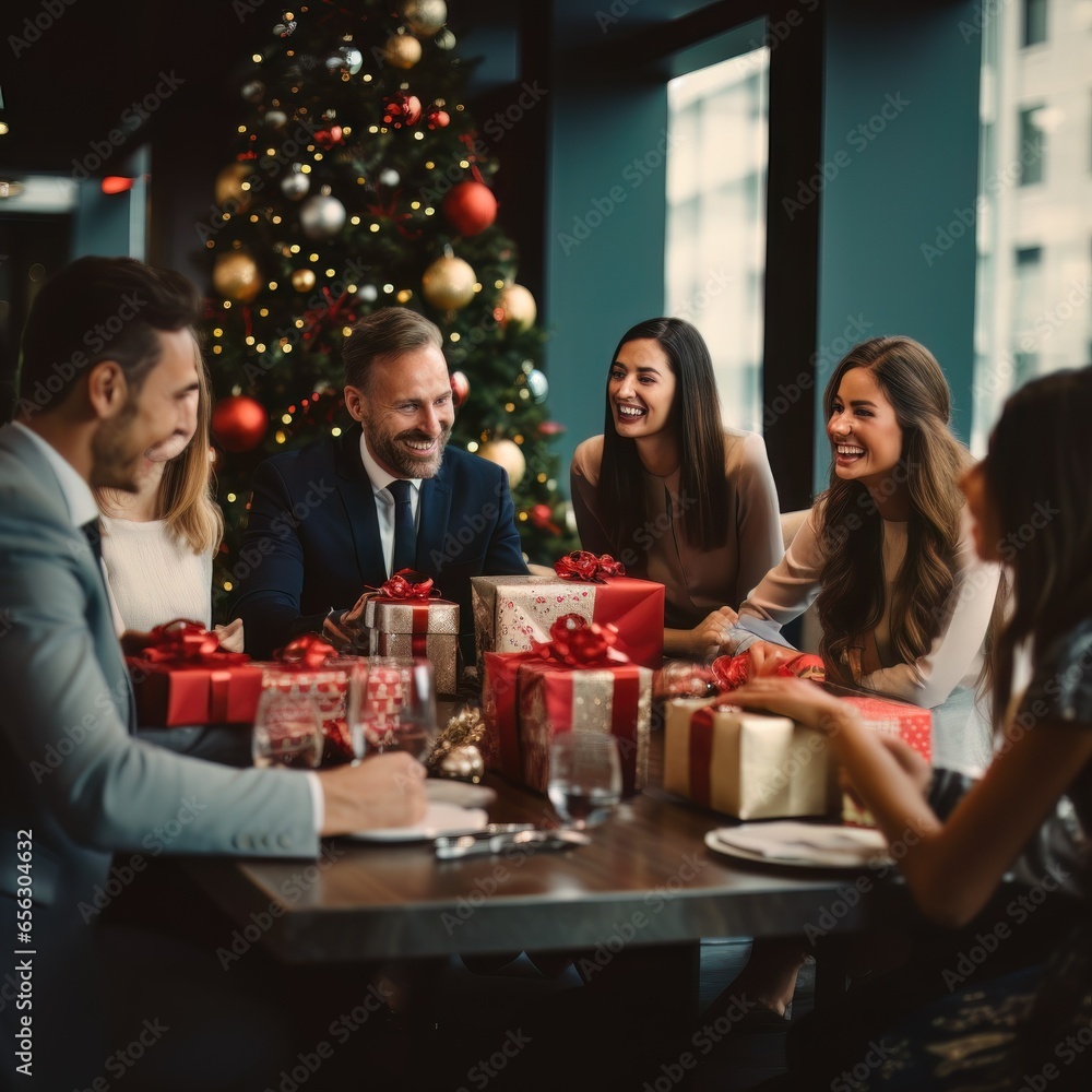 meeting room in office with christmas gifts on table meeting room in office with christmas gifts on table