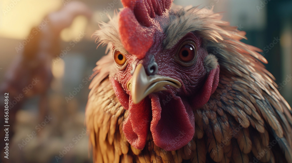 Close up of a chicken face in a outdors scene