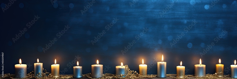 Lit candles at the Hanukkah festival of lights on a blue background.