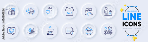 Calendar, Online shopping and World travel line icons for web app. Pack of Love document, Grill, Baggage pictogram icons. Coffee, Lounger, Sale offer signs. New star, Wedding glasses. Vector