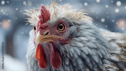 Close up of a chicken face in a outdors scene