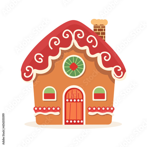 Gingerbread House Winter Cookie with decorative sweet icing candy vector flat illustration design