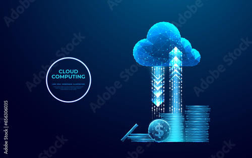 Abstract digital cloud with arrows up and down and dollar coins tower. Cloud mining or digital investment technology concept. Low poly wireframe vector illustration in futuristic hologram blue style. 