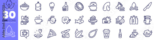 Mint bag, Coffee and Seafood line icons pack. Coconut, Croissant, Chat bubble web icon. Water splash, Burger, Coffee cup pictogram. Whiskey glass, Pasta, Knife. Champagne, Sunflower seed. Vector