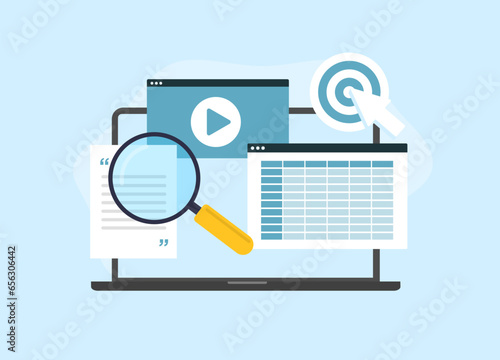 Content Marketing Tool concept. Writing SEO focused text and video content. Grow traffic, convert leads with content marketing tools. Vector illustration isolated on white background with icons