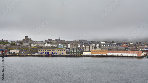 View of Lerwick city center on the shetland island in Scotland with fog.