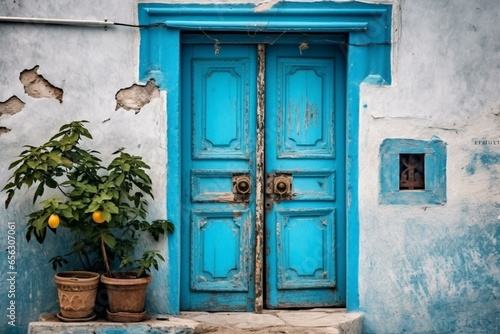 A door with a vintage blue color. Generative AI © Maelle