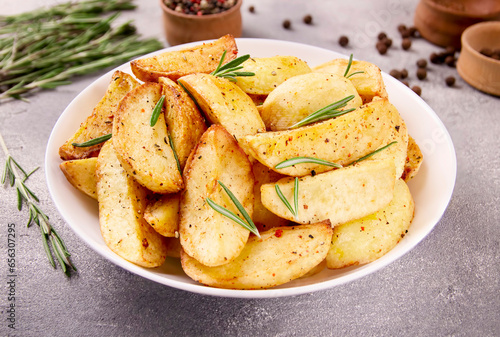 Baked potato wedges with seasonings on a plate on a gray stone.