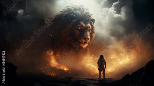 A person standing in the front of huge lion