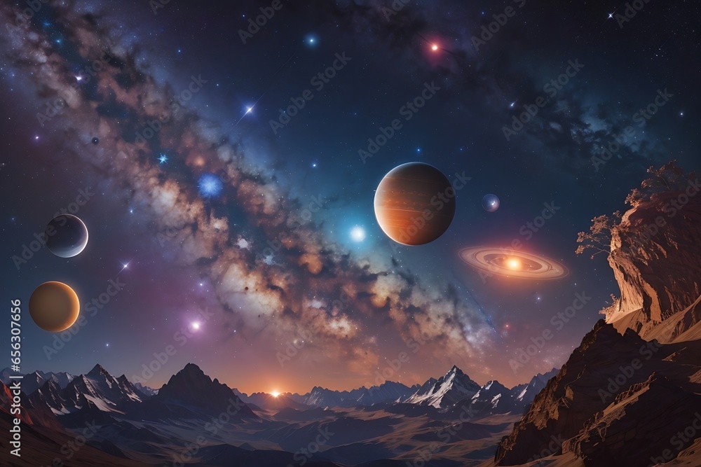 Begin by describing the celestial bodies visible in the galaxy mountains Begin by describing the celestial bodies visible in the galaxy mountains