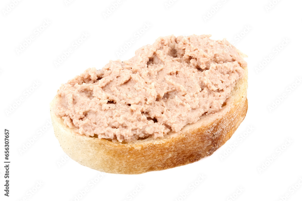 Bread with homemade chicken pate, isolated on white background. Bread with homemade chicken pate, isolated on white background.