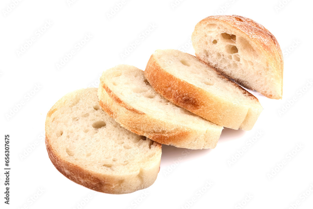 french baguette slices, isolated on white background french baguette slices, isolated on white background
