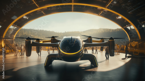 eVTOL or Electric vertical take-off and landing aircraft parked in the middle of a landing pad. photo