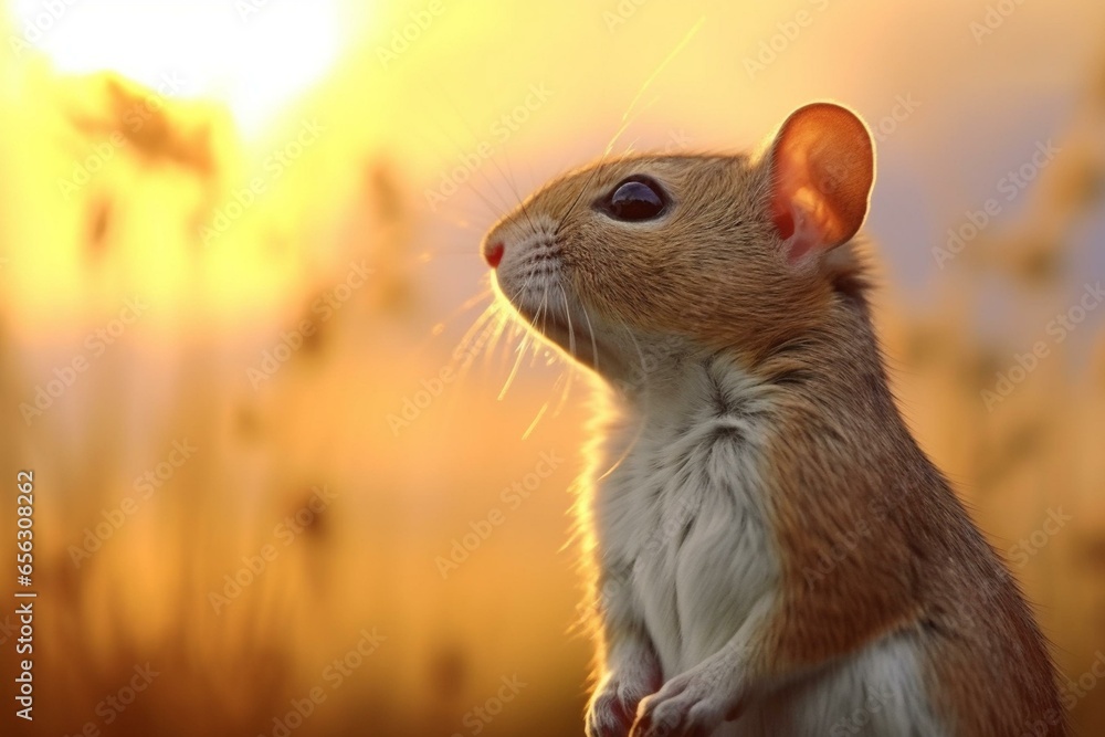 adorable rodent profile, warm sunset outdoor. Generative AI