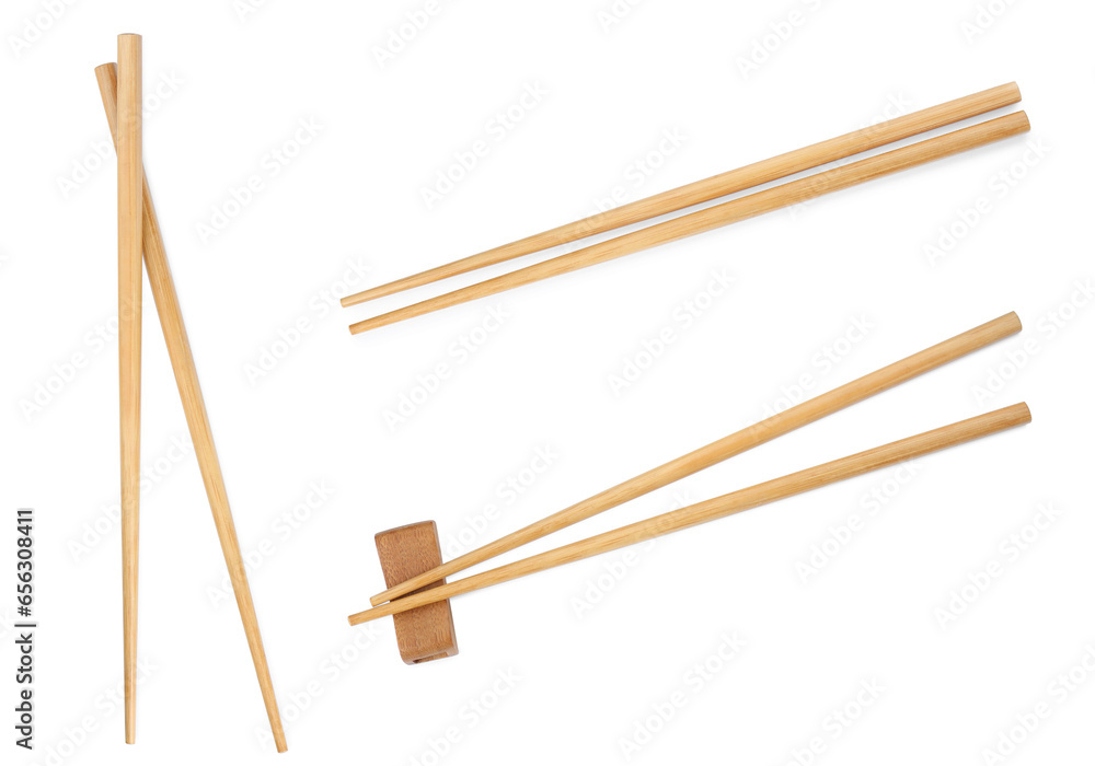 Collage with wooden chopsticks isolated on white Collage with wooden chopsticks isolated on white