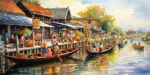 watercolor painting Amphawa Floating market  Amphawa  Thailand