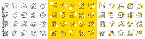 Outline Water drop, Dish plate and Washing machine line icons pack for web with Cleanser spray, Dont touch, Rubber gloves line icon. Water splash, Saucepan, T-shirt pictogram icon. Vector