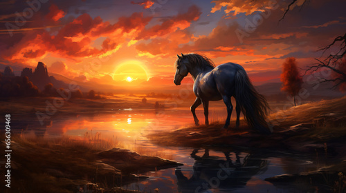 Beautiful pony with a beautiful sunset © levit