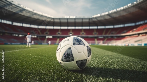 Close-up of a ball on green grass in a football stadium background. © tydeline
