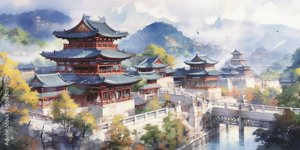 watercolor painting Korea See buildings and places as landmarks