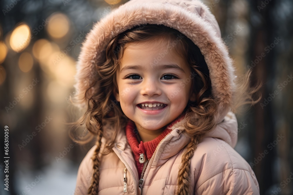 Portrait of a Smiling little girl wearing winter warn clothes, jacket, looking at the camera standing outdoors. Portrait of a Smiling little girl wearing winter warn clothes, jacket, looking at the camera standing outdoors.