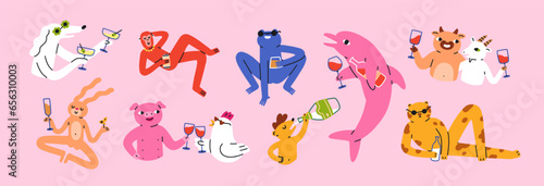 Funny animals drinking alcohol set. Cute happy frog, dolphin, monkey, wine lovers with wineglasses, bottle, glasses, alcoholic beverages, spirits, summer cocktail. Isolated flat vector illustrations