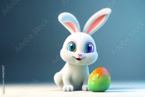 Cheerful Easter, adorable rabbit with vibrant egg, computer-generated illustration. Generative AI