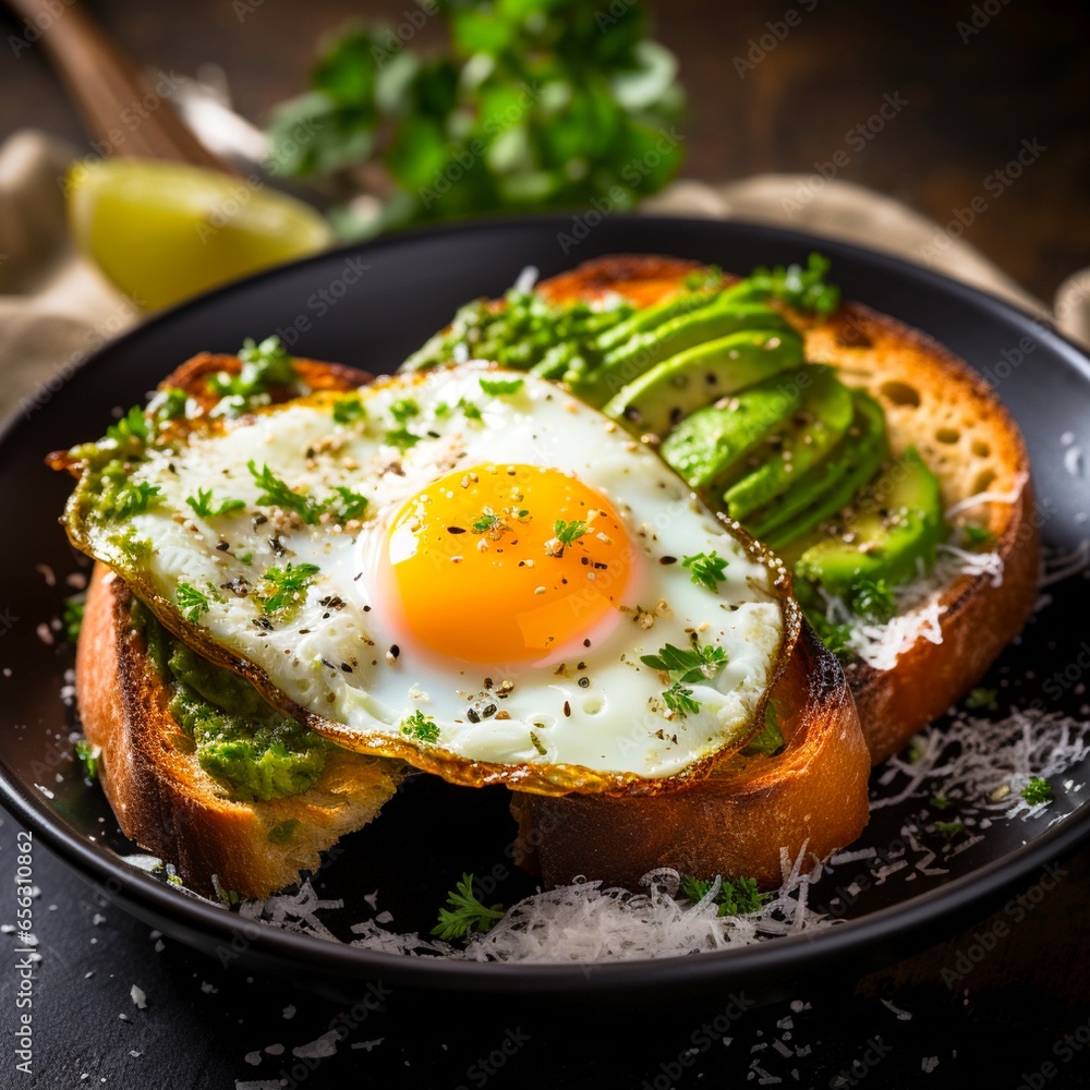 Avocado toast with fried egg close up. Toasted bread with avocado and egg for healthy keto breakfast. Made with generative ai. Avocado toast with fried egg close up. Toasted bread with avocado and egg for healthy keto breakfast. Made with generative ai.