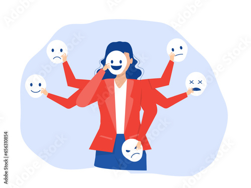 ​​imposter syndrome; woman trying on carnival masks with happy or sad expressions.