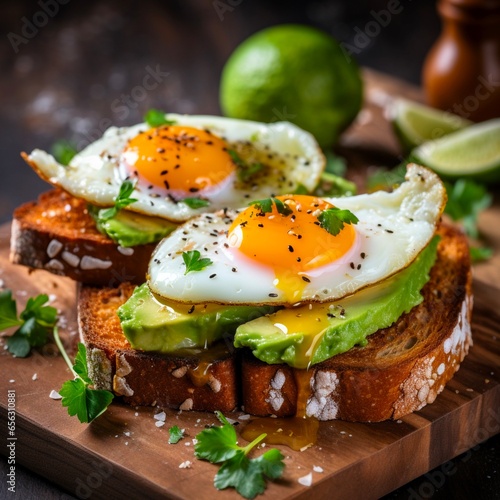 Avocado toast with fried egg close up. Toasted bread with avocado and egg for healthy keto breakfast. Made with generative ai. 