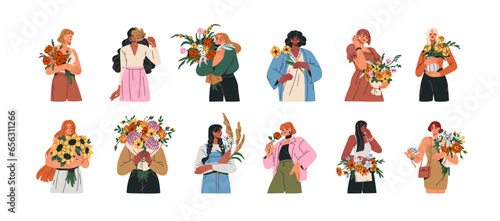 Happy girls with flowers set. Beautiful women holding floral bunches, bouquets. Female characters with romantic gifts, blooms in hands. Flat graphic vector illustrations isolated on white background