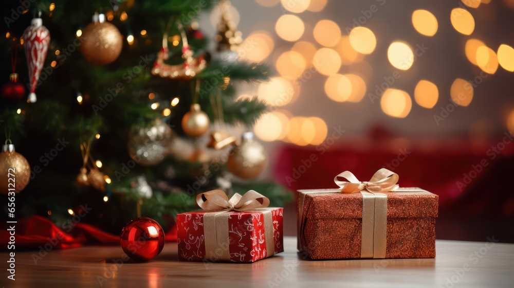 Christmastime celebration, Gift box with gold ribbon bow