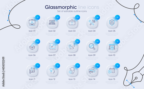 Set of Moving service, Face attention and Idea line icons for web app. Handbag, Analytics, Floor plan icons. Web inventory, Package protection, Discounts calendar signs. Journey. Vector