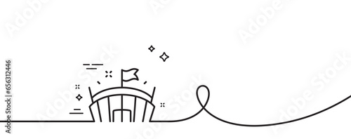 Sports stadium line icon. Continuous one line with curl. Arena with flag sign. Sport complex symbol. Arena single outline ribbon. Loop curve pattern. Vector