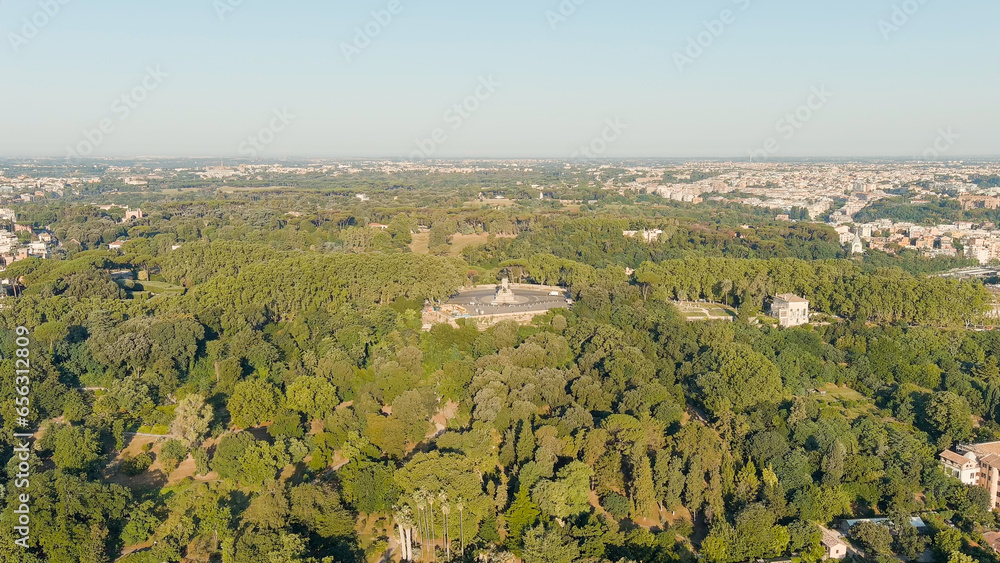Rome, Italy. Giuseppe Garibaldi Monument. Janiculum, one of the hills of Rome. Summer. Morning hours, Aerial View