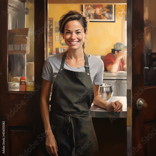 Happy Woman at Store Doorway Eagerly Awaiting Customers, Basking in the Success of Small Business