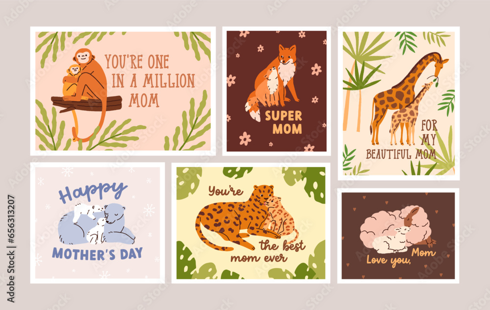 Happy Mothers day, card designs set. Cute wild animal families, postcards with moms quotes. Funny monkey, giraffe, leopard parents, jungle mommies with little cubs. Flat graphic vector illustrations