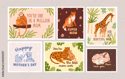 Happy Mothers day, card designs set. Cute wild animal families, postcards wit...